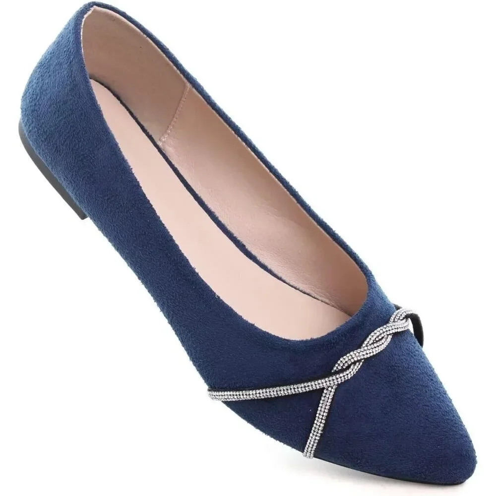 Women's Blue Casual Flats Fashion Chain Pointed Toe Ballet Flat Rhinestone